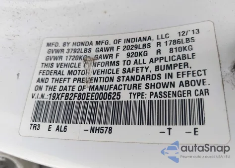 2014 Honda Civic Ex from USA, damaged, VIN 19XFB2F80EE000625